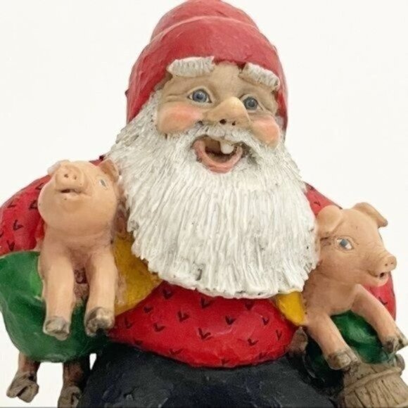 Candy Design Norway Santa like Gnome figurine holding 2 pigs approximately 6” - Picture 4 of 13